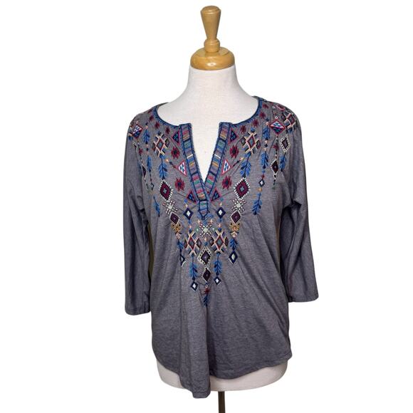 JOHNNY WAS Ruah Kit Long Split Neck Embroidered Henley Gray XS - Picture 1 of 7